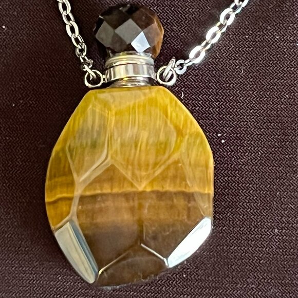 Tiger’s Eye Natural Stone Vial Pendant • 20” Silver Tone Chain • Keepsake Urn - Picture 2 of 9